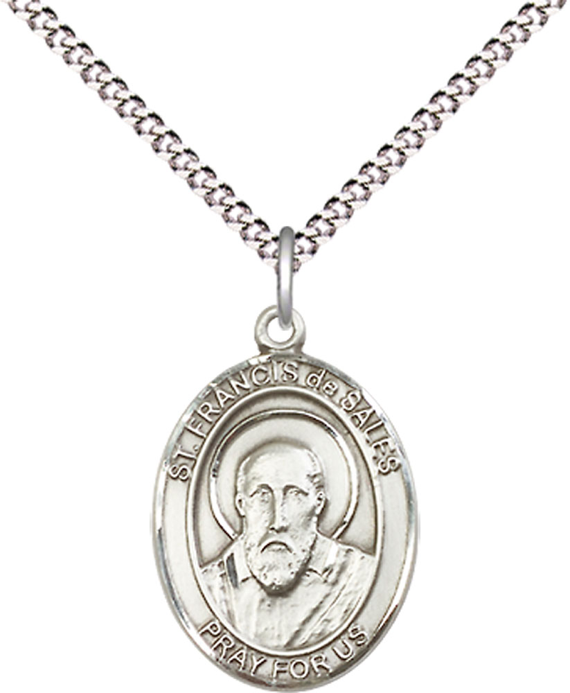 Sterling Silver Saint Francis de Sales Pendant on a 18 inch Light Rhodium Light Curb chain