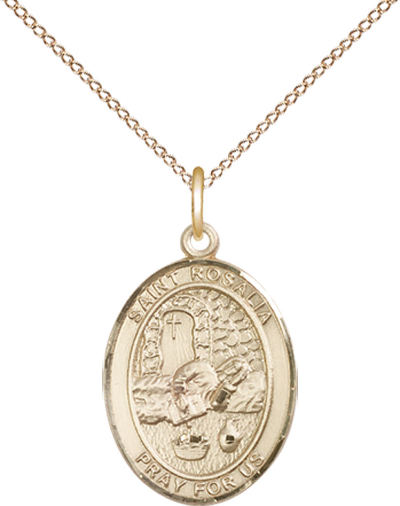 14kt Gold Filled Saint Rosalia Pendant on a 18 inch Gold Filled Light Curb chain