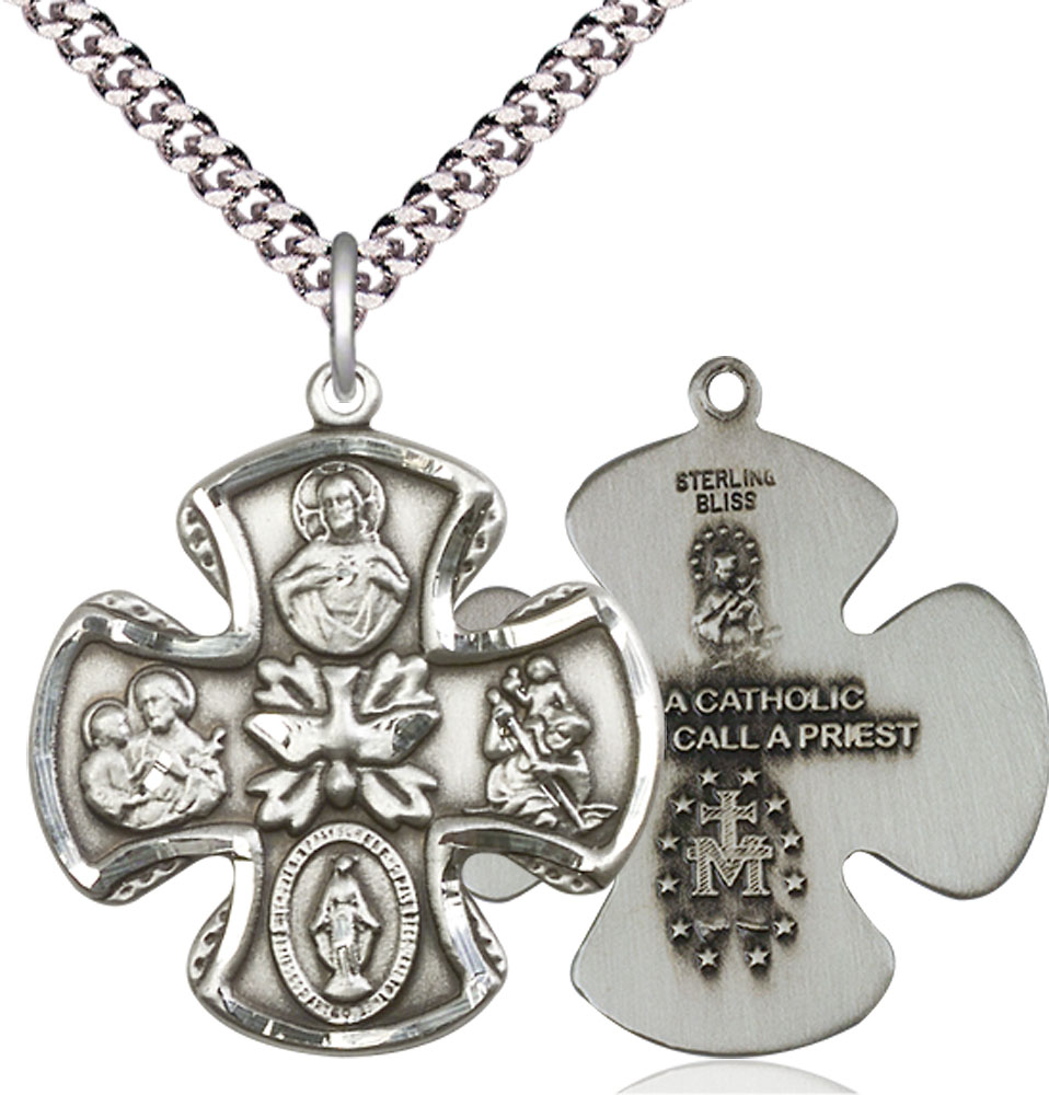 Sterling Silver 5-Way Pendant on a 24 inch Light Rhodium Heavy Curb chain