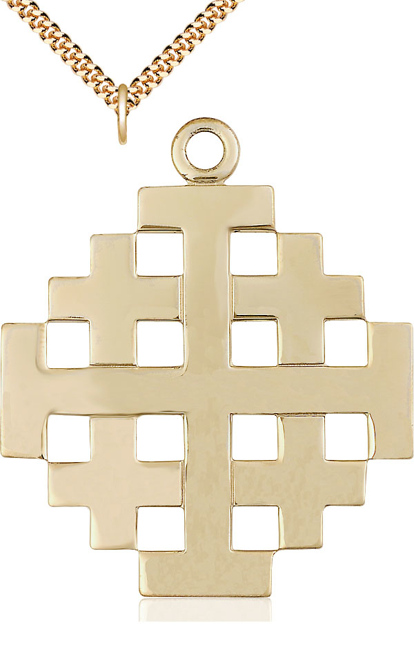 14kt Gold Filled Jerusalem Cross Pendant on a 24 inch Gold Plate Heavy Curb chain