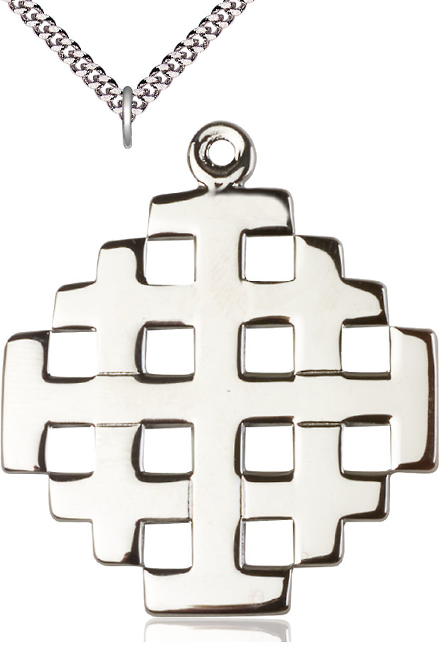 Sterling Silver Jerusalem Cross Pendant on a 24 inch Light Rhodium Heavy Curb chain