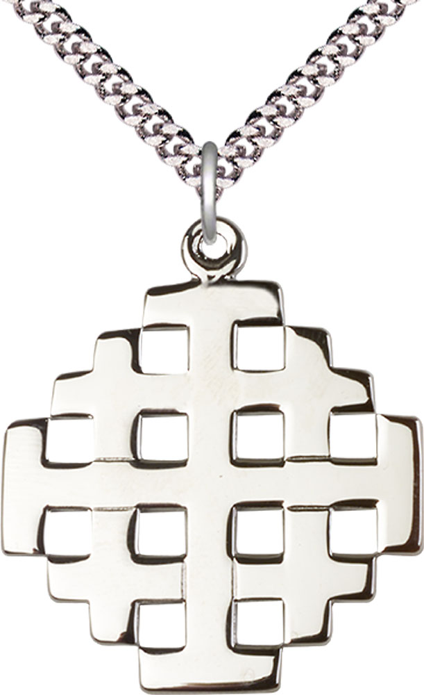 Sterling Silver Jerusalem Cross Pendant on a 24 inch Light Rhodium Heavy Curb chain