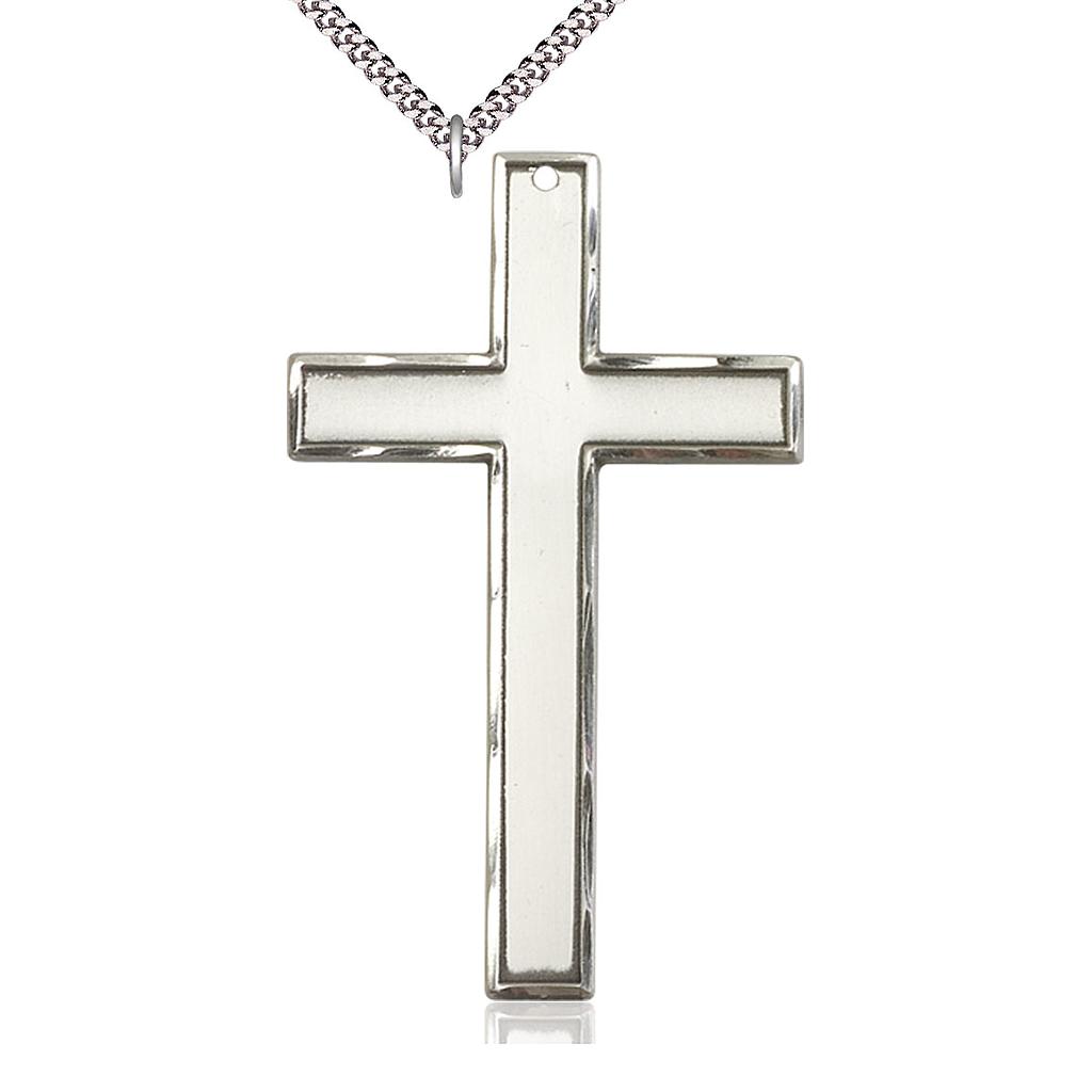 Sterling Silver Cross Pendant on a 24 inch Light Rhodium Heavy Curb chain