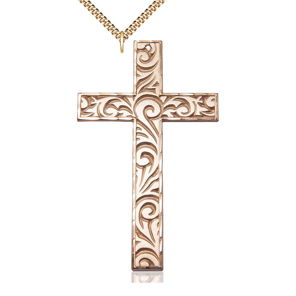 14kt Gold Filled Knurled Cross Pendant on a 24 inch Gold Plate Heavy Curb chain