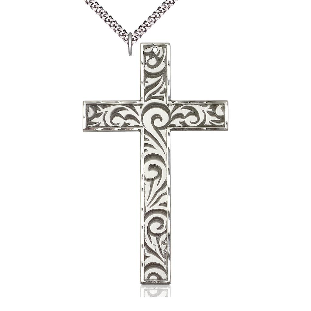 Sterling Silver Knurled Cross Pendant on a 24 inch Light Rhodium Heavy Curb chain