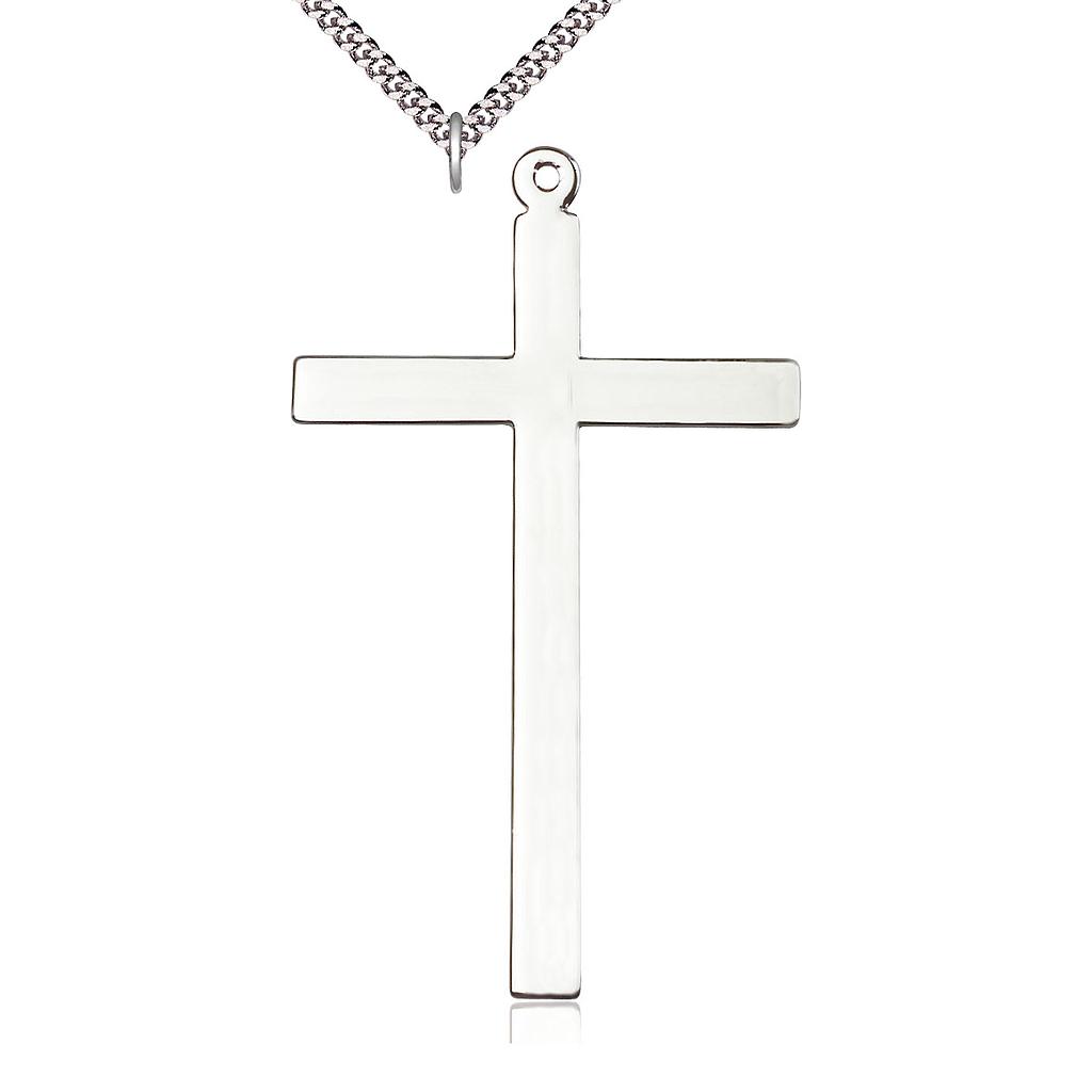 Sterling Silver Cross Pendant on a 24 inch Light Rhodium Heavy Curb chain