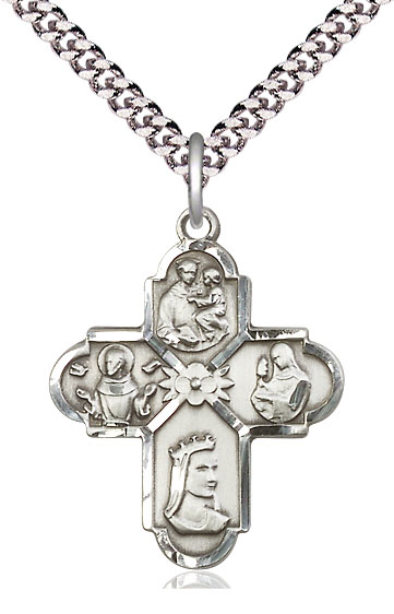Sterling Silver Franciscan 4-Way Pendant on a 24 inch Light Rhodium Heavy Curb chain