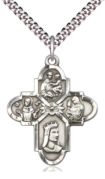 Sterling Silver Franciscan 4-Way Pendant on a 24 inch Light Rhodium Heavy Curb chain