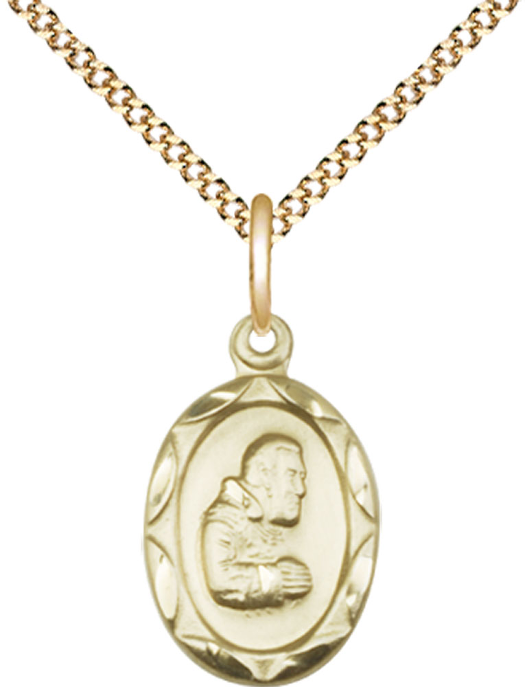 14kt Gold Filled Saint Pio of Pietrelcina Pendant on a 18 inch Gold Plate Light Curb chain