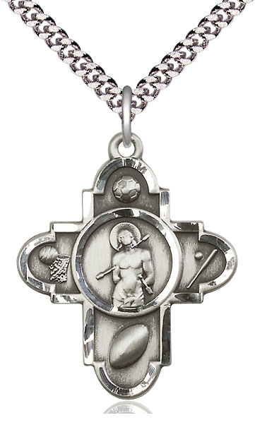 Sterling Silver Sports 5-Way St Sebastian Pendant on a 24 inch Light Rhodium Heavy Curb chain