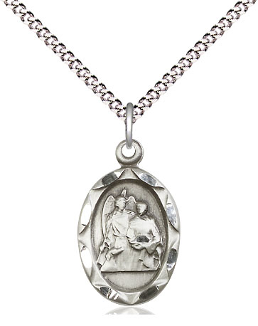 Sterling Silver Saint Raphael Pendant on a 18 inch Light Rhodium Light Curb chain