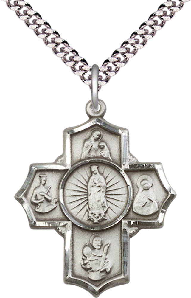 Sterling Silver 5-Way Motherhood Pendant on a 24 inch Light Rhodium Heavy Curb chain