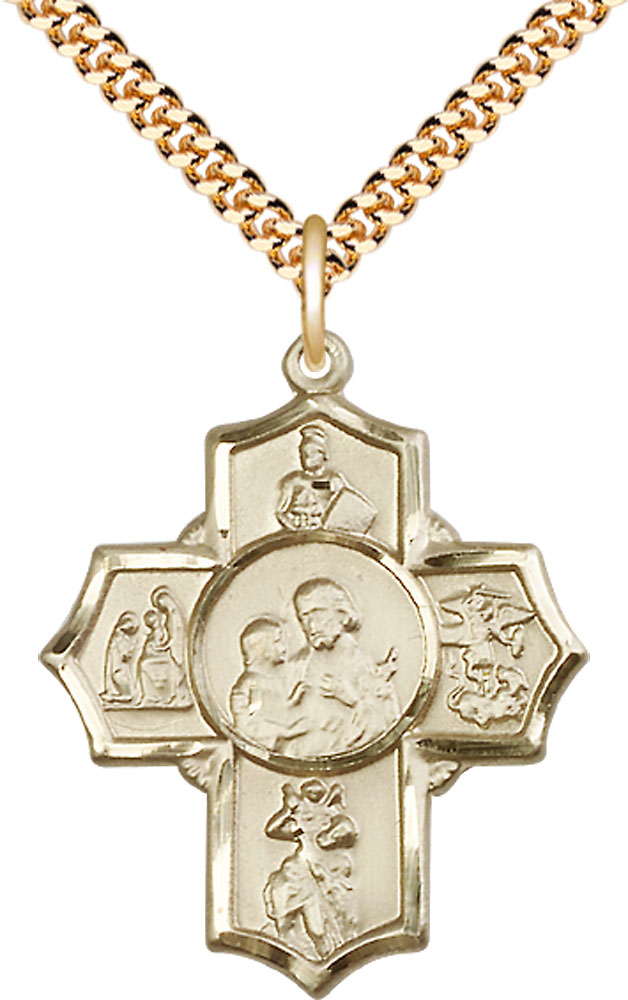 14kt Gold Filled 5-Way Firefighter Pendant on a 24 inch Gold Plate Heavy Curb chain
