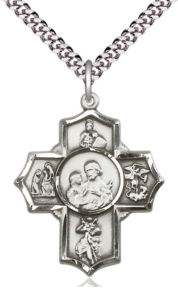 Sterling Silver 5-Way Firefighter Pendant on a 24 inch Light Rhodium Heavy Curb chain