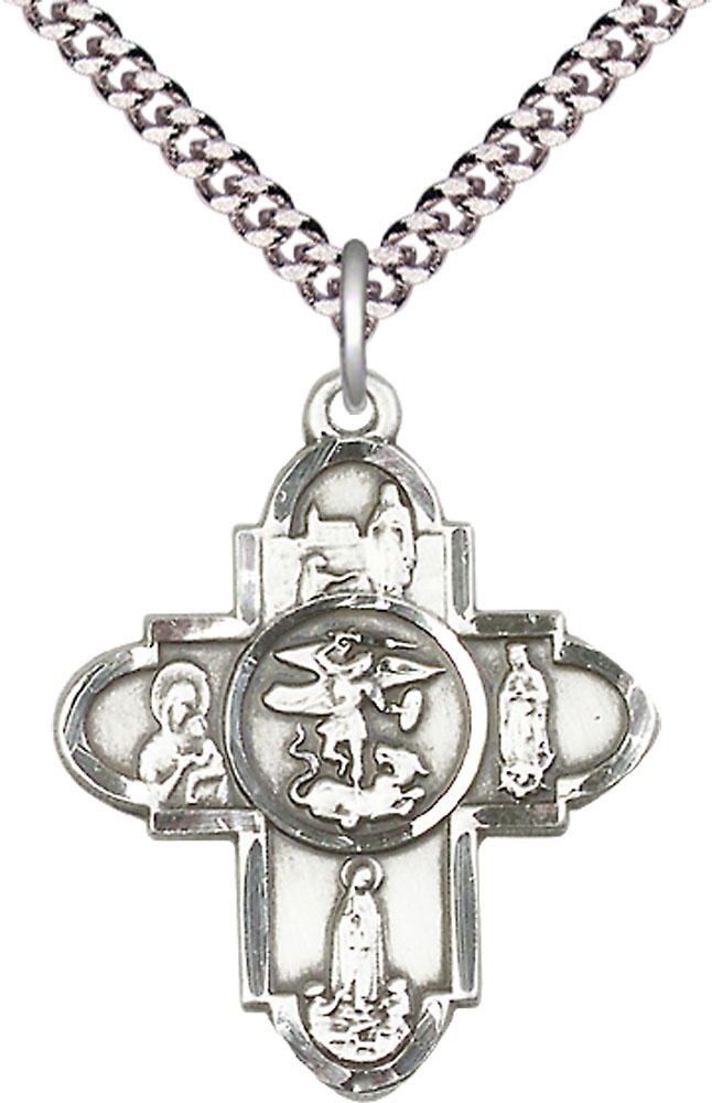 Sterling Silver Our Lady 5-Way Pendant on a 24 inch Light Rhodium Heavy Curb chain