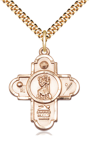 14kt Gold Filled 5-Way St Christopher Sports Pendant on a 24 inch Gold Plate Heavy Curb chain
