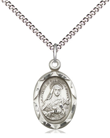 Sterling Silver Saint Theresa Pendant on a 18 inch Light Rhodium Light Curb chain