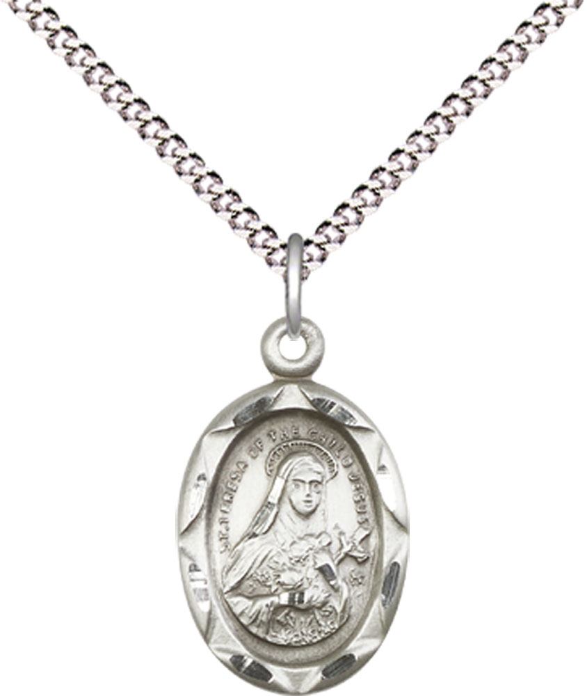 Sterling Silver Saint Theresa Pendant on a 18 inch Light Rhodium Light Curb chain