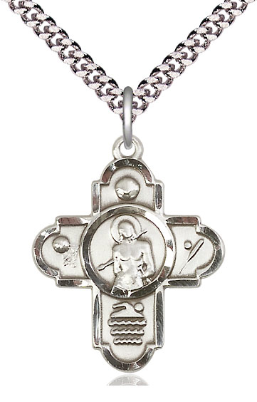 Sterling Silver 5-Way St Sebastian Sports Pendant on a 24 inch Light Rhodium Heavy Curb chain