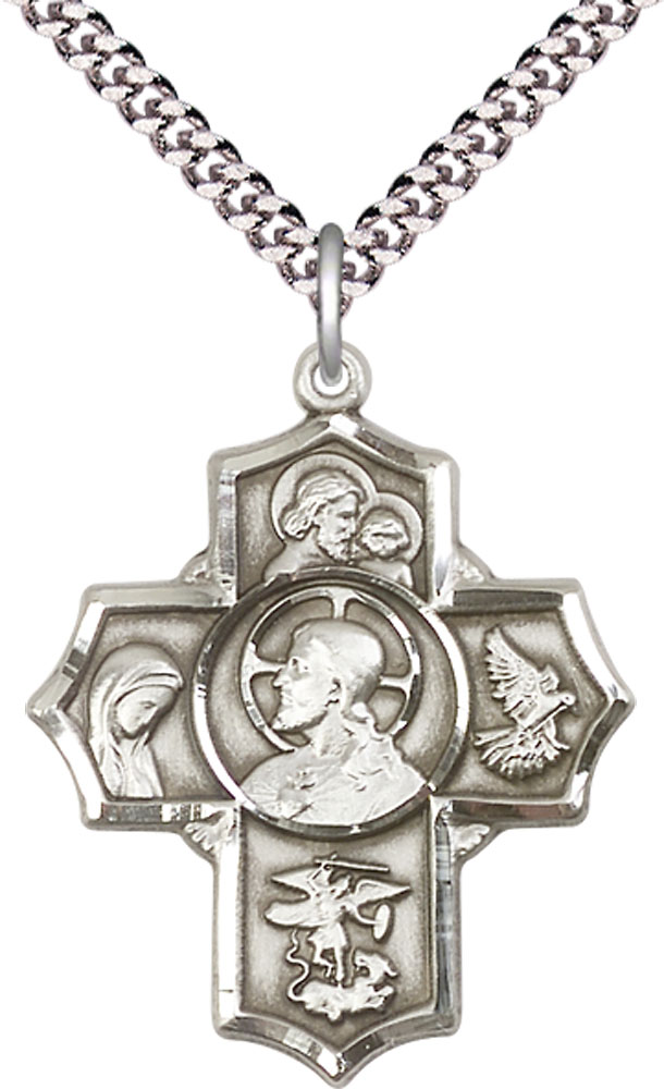 Sterling Silver Sacred Heart 5-Way Pendant on a 24 inch Light Rhodium Heavy Curb chain