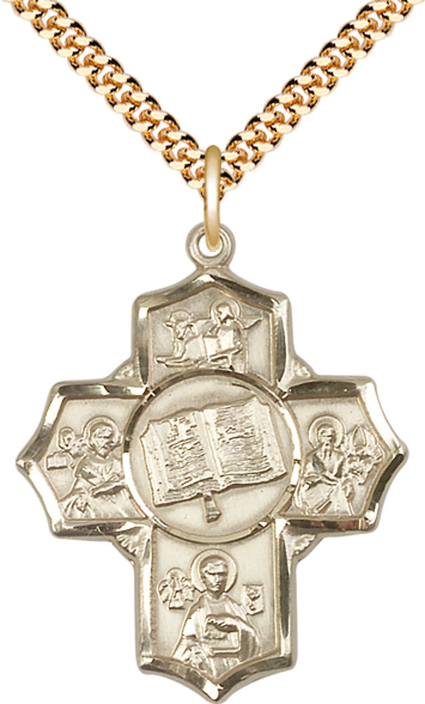 14kt Gold Filled Apostle 5-Way Pendant on a 24 inch Gold Plate Heavy Curb chain