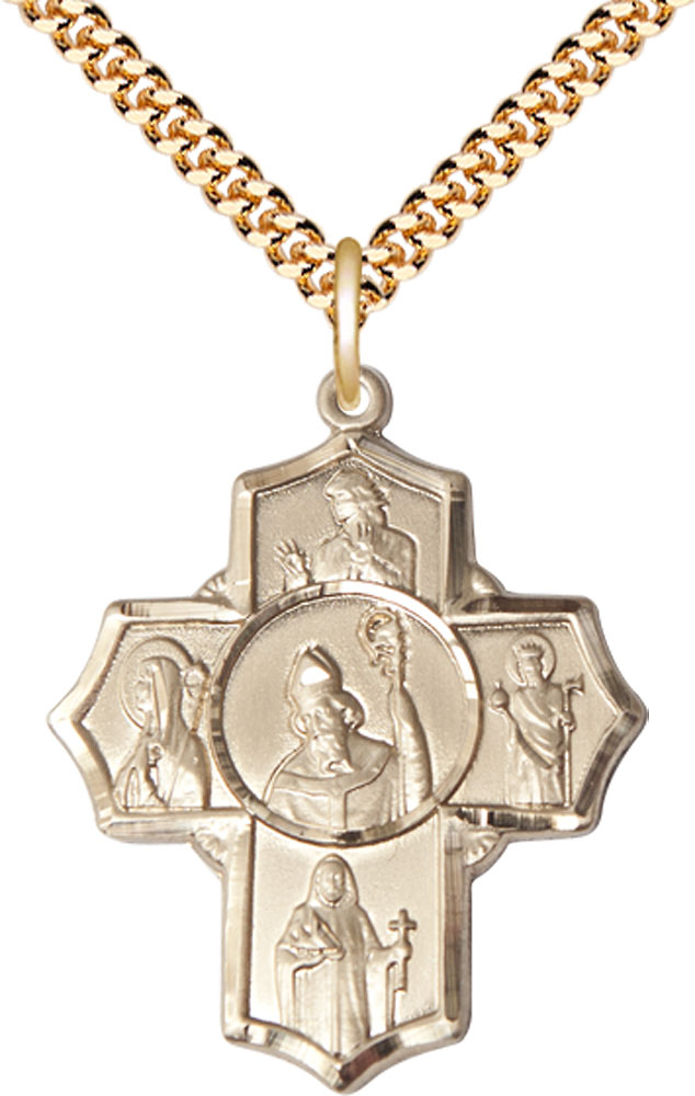 14kt Gold Filled Irish 5-Way Pendant on a 24 inch Gold Plate Heavy Curb chain