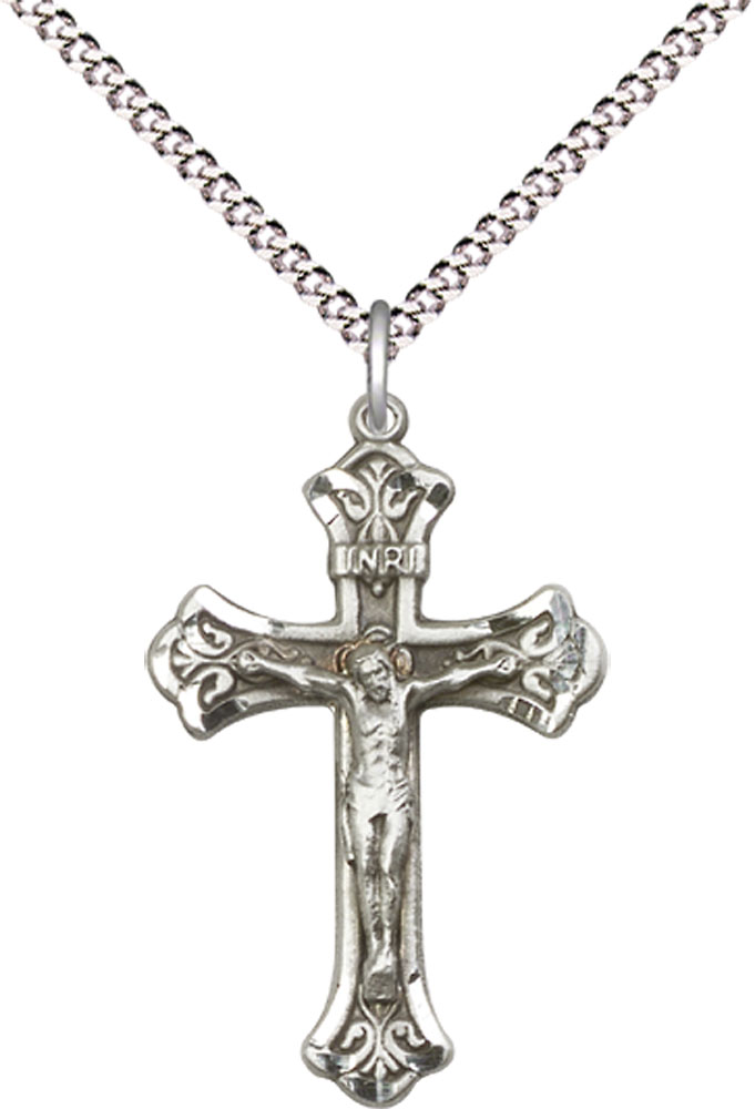 Sterling Silver Crucifix Pendant on a 18 inch Light Rhodium Light Curb chain