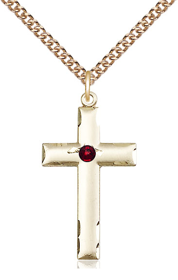 14kt Gold Filled Cross Pendant with a 3mm Garnet Swarovski stone on a 24 inch Gold Filled Heavy Curb chain