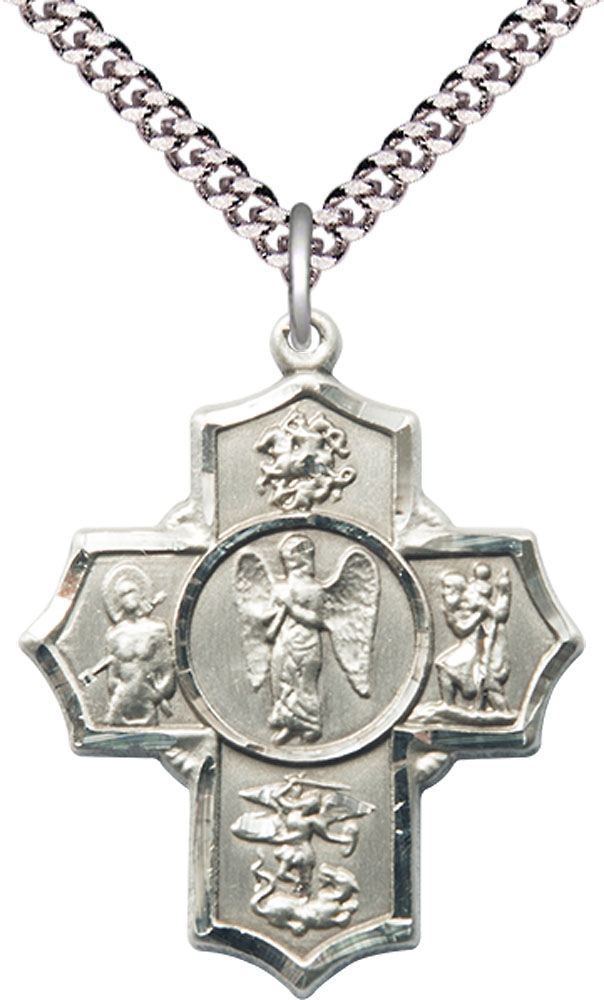 Sterling Silver Warrior 5-Way Pendant on a 24 inch Light Rhodium Heavy Curb chain