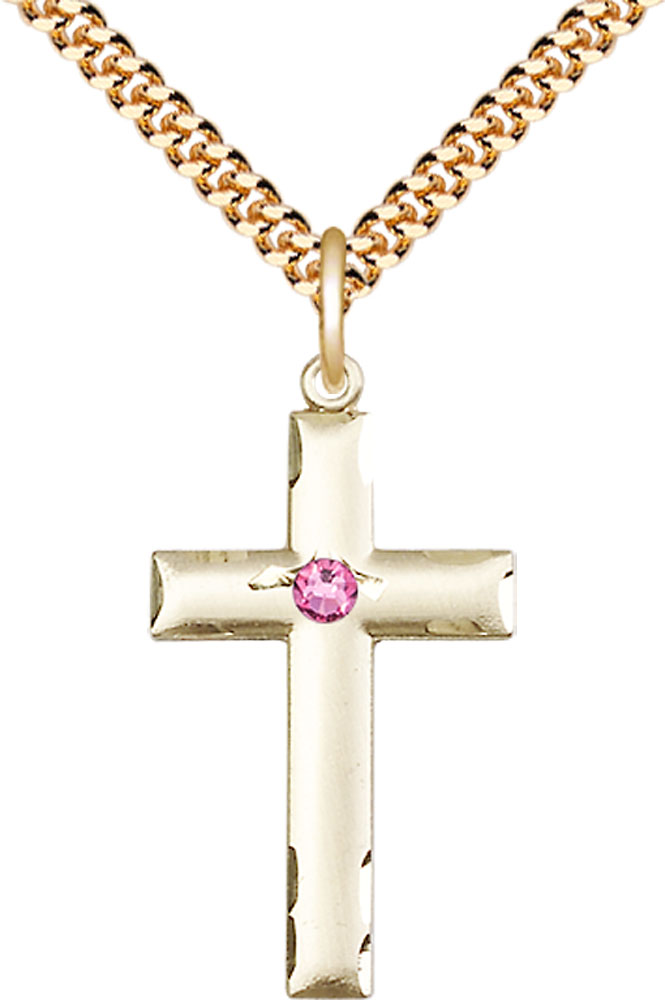 14kt Gold Filled Cross Pendant with a 3mm Rose Swarovski stone on a 24 inch Gold Plate Heavy Curb chain