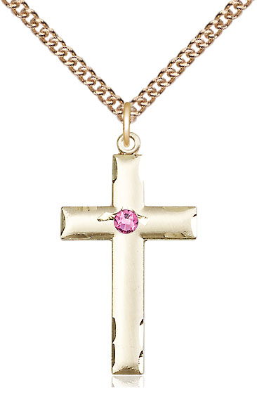 14kt Gold Filled Cross Pendant with a 3mm Rose Swarovski stone on a 24 inch Gold Filled Heavy Curb chain