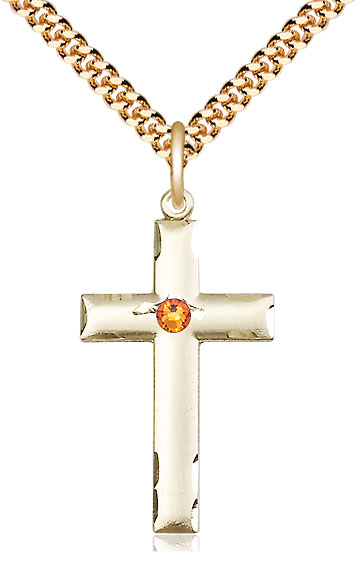 14kt Gold Filled Cross Pendant with a 3mm Topaz Swarovski stone on a 24 inch Gold Plate Heavy Curb chain