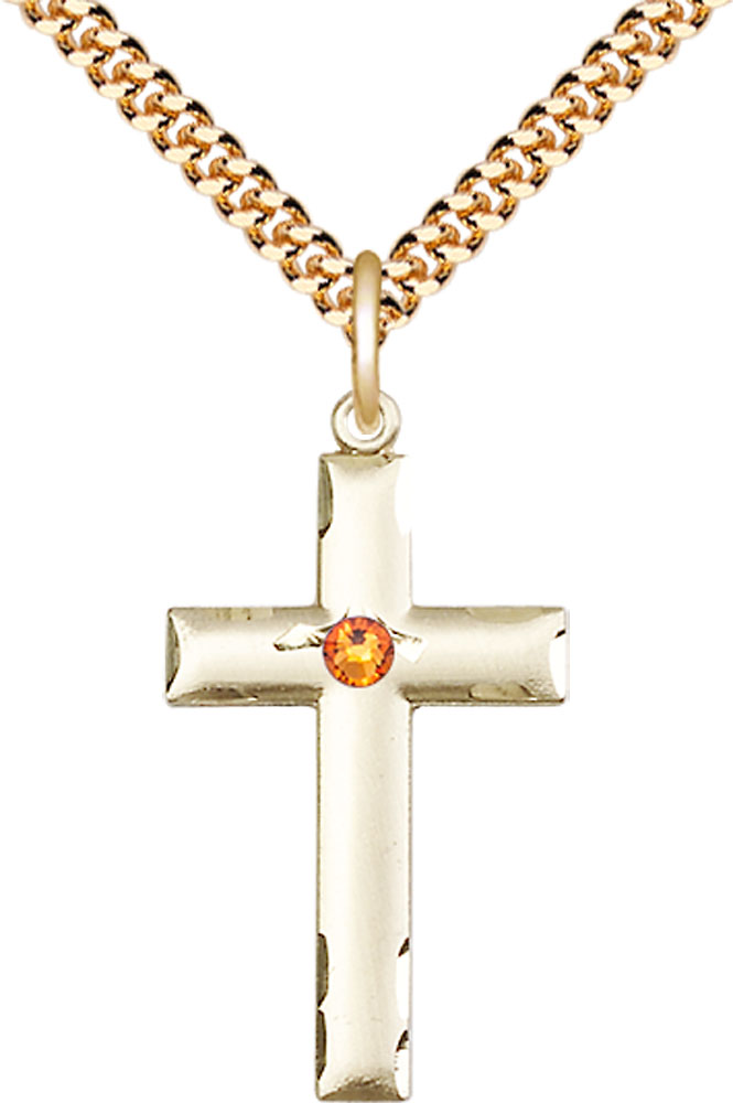 14kt Gold Filled Cross Pendant with a 3mm Topaz Swarovski stone on a 24 inch Gold Plate Heavy Curb chain