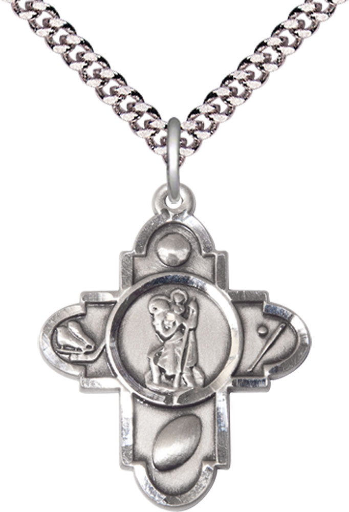 Sterling Silver Saint Christopher 5-Way Pendant on a 24 inch Light Rhodium Heavy Curb chain