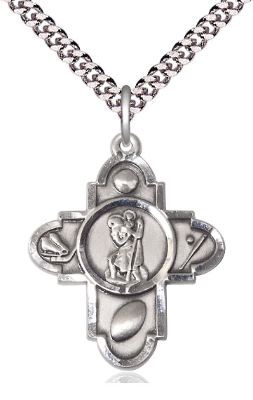 Sterling Silver Saint Christopher 5-Way Pendant on a 24 inch Light Rhodium Heavy Curb chain