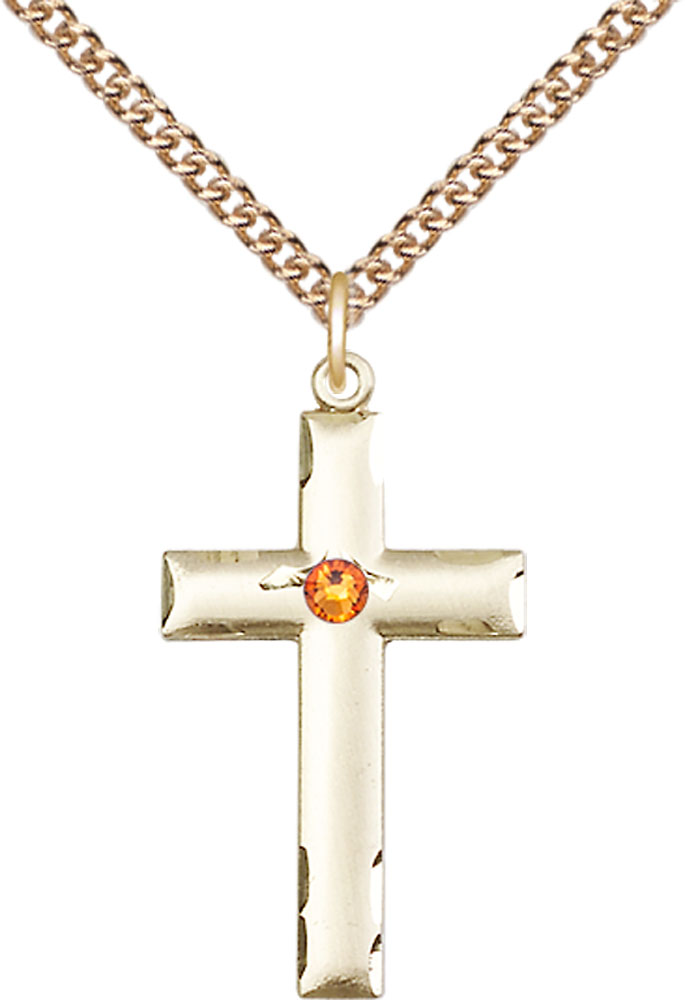 14kt Gold Filled Cross Pendant with a 3mm Topaz Swarovski stone on a 24 inch Gold Filled Heavy Curb chain