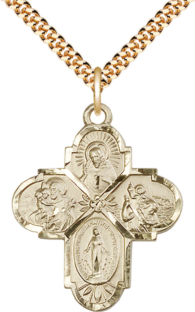 14kt Gold Filled 4-Way Pendant on a 24 inch Gold Plate Heavy Curb chain