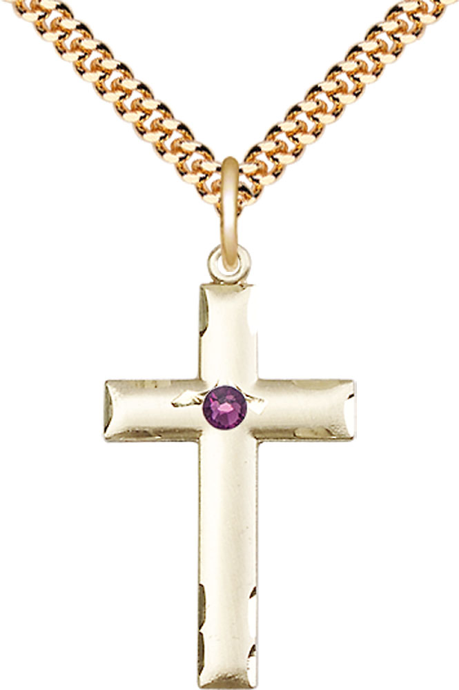 14kt Gold Filled Cross Pendant with a 3mm Amethyst Swarovski stone on a 24 inch Gold Plate Heavy Curb chain