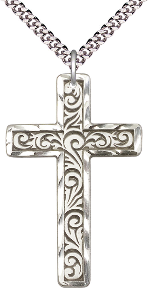 Sterling Silver Knurled Cross Pendant on a 24 inch Light Rhodium Heavy Curb chain