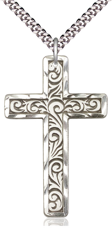 Sterling Silver Knurled Cross Pendant on a 24 inch Light Rhodium Heavy Curb chain