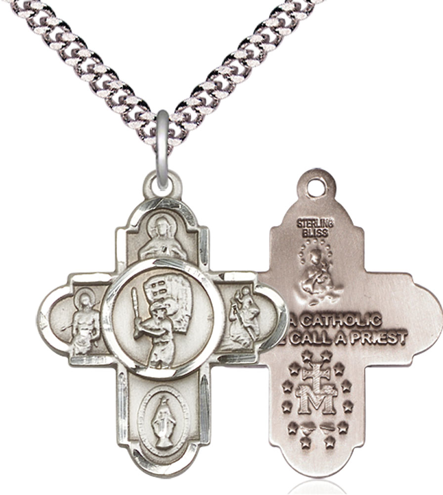 Sterling Silver 5-Way Baseball Pendant on a 24 inch Light Rhodium Heavy Curb chain