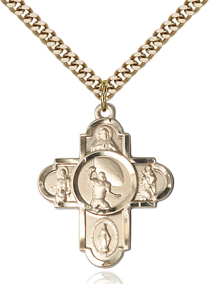 14kt Gold Filled 5-Way Football Pendant on a 24 inch Gold Plate Heavy Curb chain