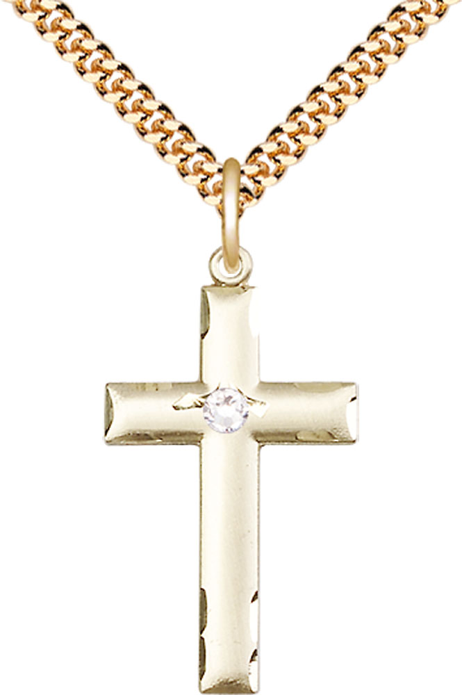 14kt Gold Filled Cross Pendant with a 3mm Crystal Swarovski stone on a 24 inch Gold Plate Heavy Curb chain