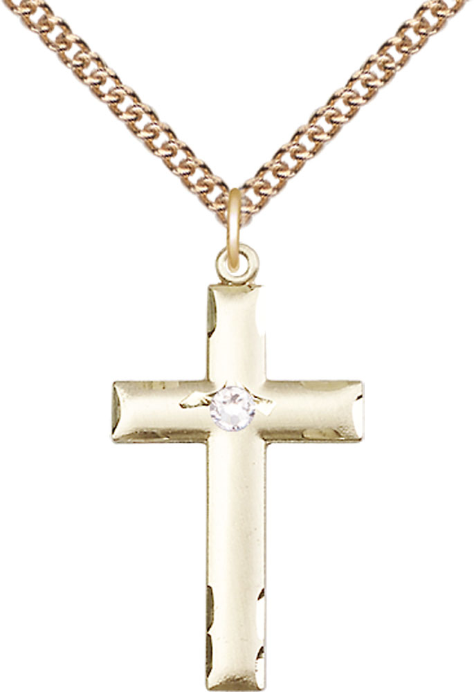 14kt Gold Filled Cross Pendant with a 3mm Crystal Swarovski stone on a 24 inch Gold Filled Heavy Curb chain