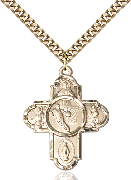 14kt Gold Filled 5-Way Basketball Pendant on a 24 inch Gold Plate Heavy Curb chain