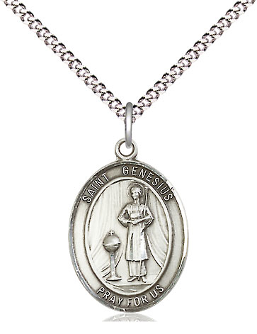 Sterling Silver Saint Genesius of Rome Pendant on a 18 inch Light Rhodium Light Curb chain