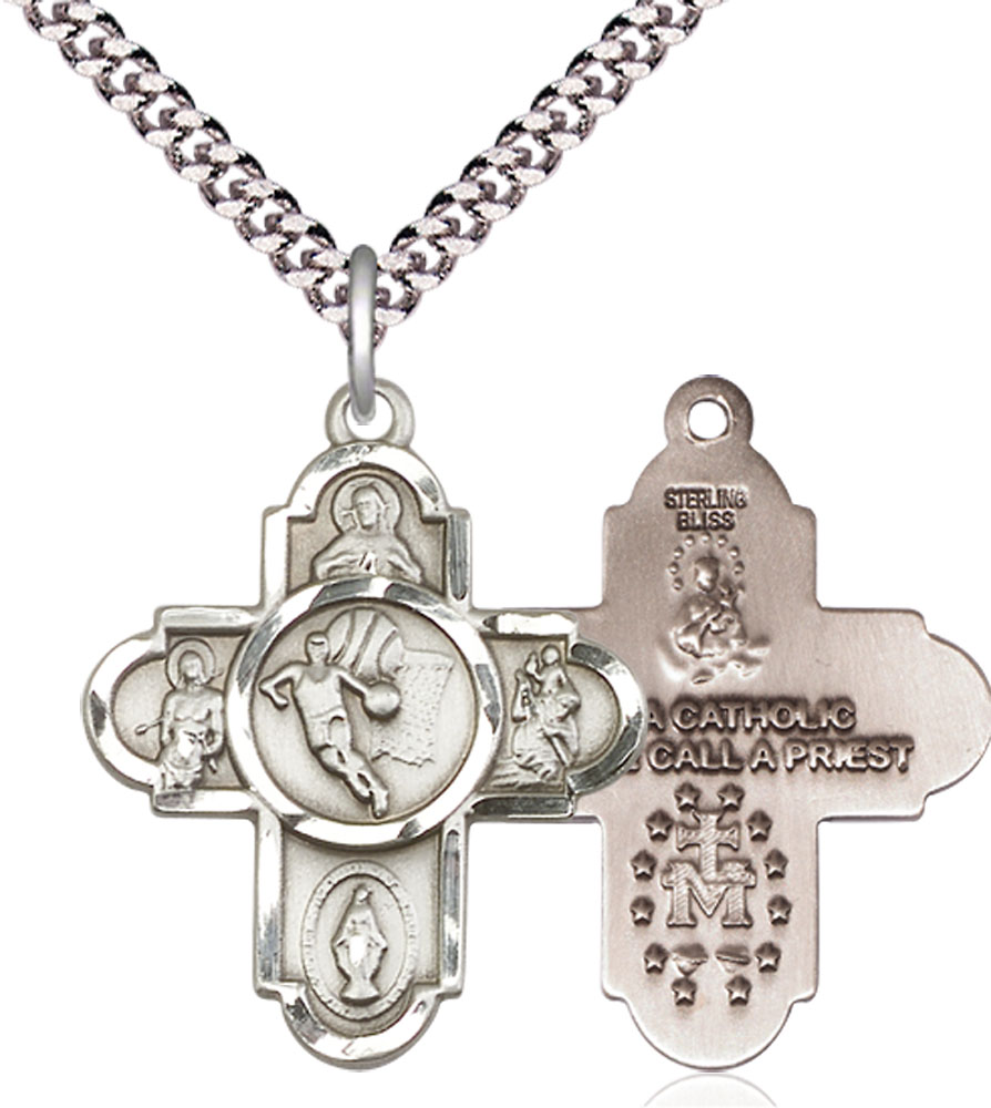 Sterling Silver 5-Way Basketball Pendant on a 24 inch Light Rhodium Heavy Curb chain