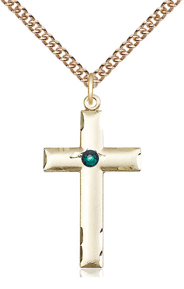 14kt Gold Filled Cross Pendant with a 3mm Emerald Swarovski stone on a 24 inch Gold Filled Heavy Curb chain