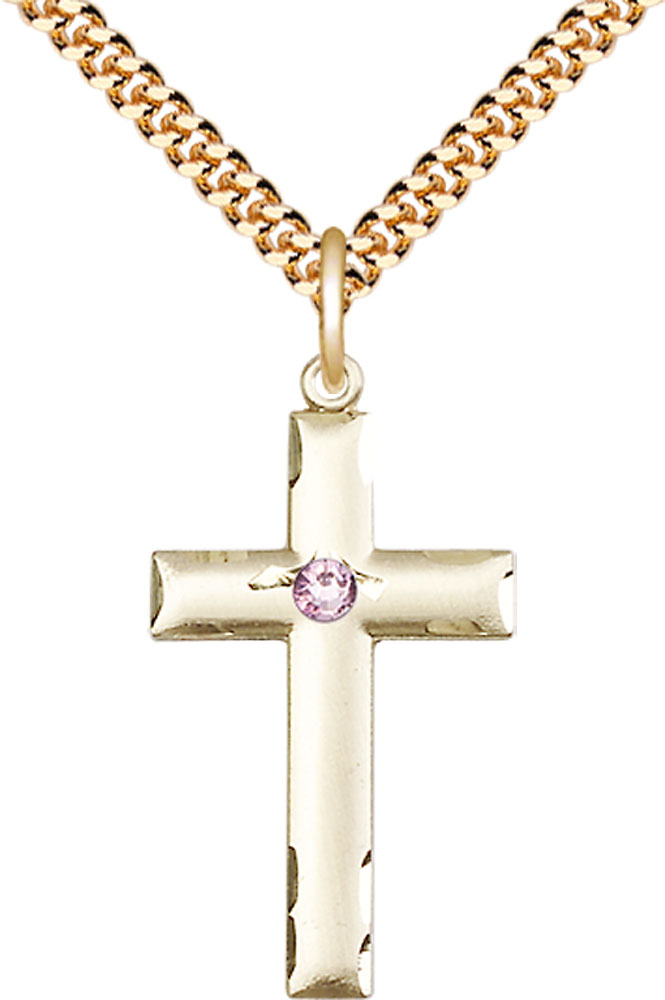 14kt Gold Filled Cross Pendant with a 3mm Light Amethyst Swarovski stone on a 24 inch Gold Plate Heavy Curb chain