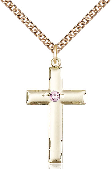 14kt Gold Filled Cross Pendant with a 3mm Light Amethyst Swarovski stone on a 24 inch Gold Filled Heavy Curb chain